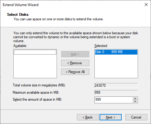 Expand Windows Storage Extend Volume Wizard