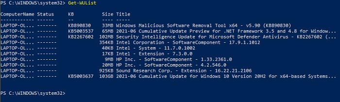 List of Windows updates that can be hidden.