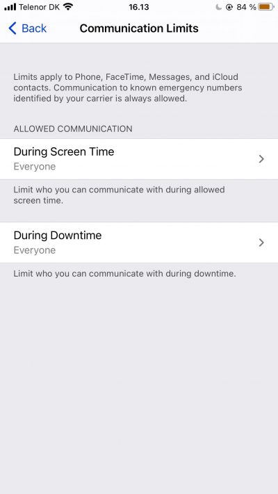 Screenshot showing Screen Time communication limits