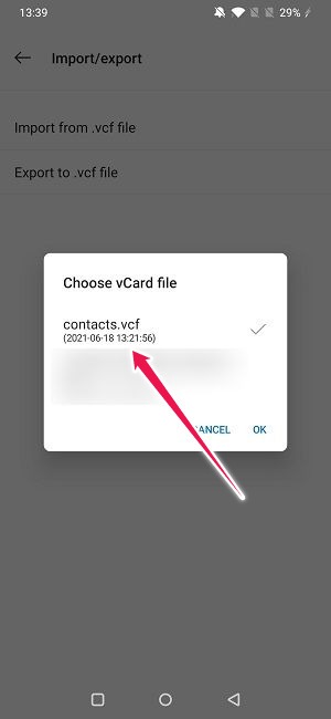 Import Export Contacts On Android Select Import File