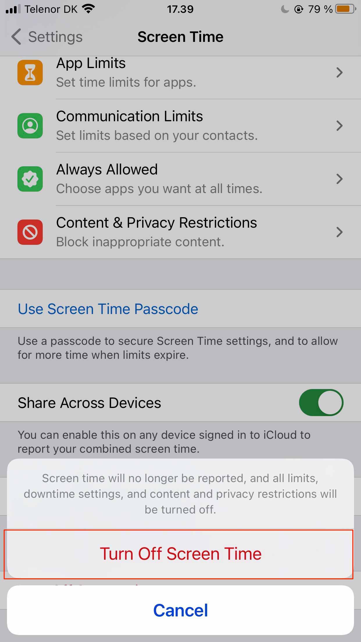 Screenshot prompting user to turn off iPhone Screen Time