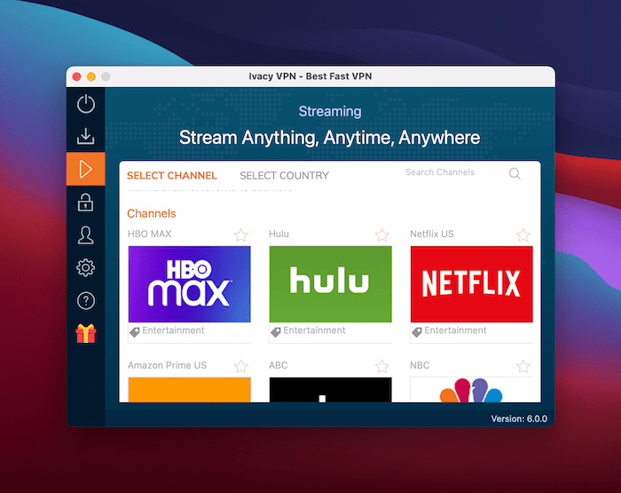 The Streaming screen.