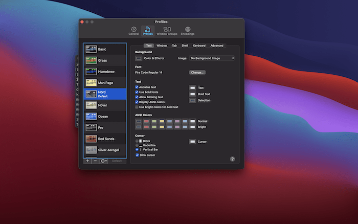 The Terminal Preferences screen.