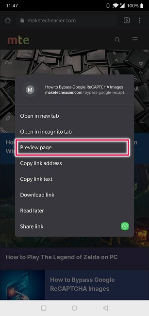 Preview Links Chrome Android Select Option