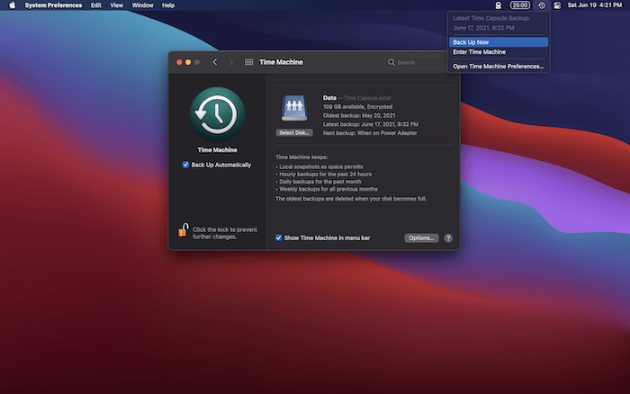 Backing up a Mac through Time Machine.