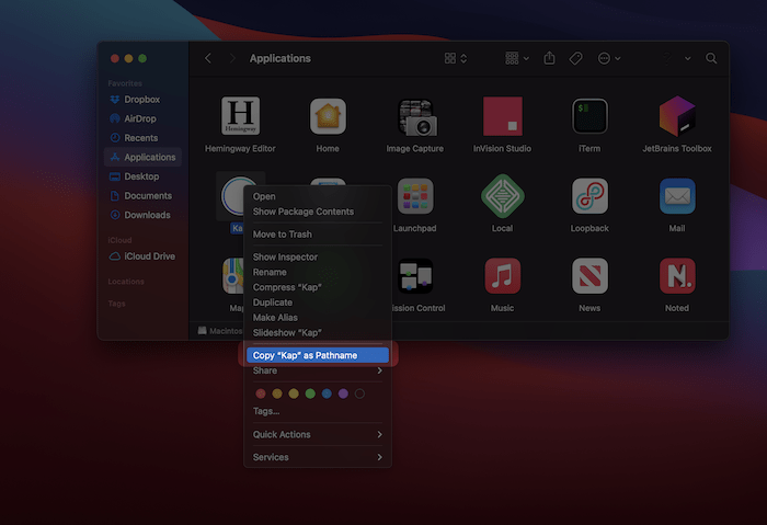 The Copy…as Pathname within the context menu.