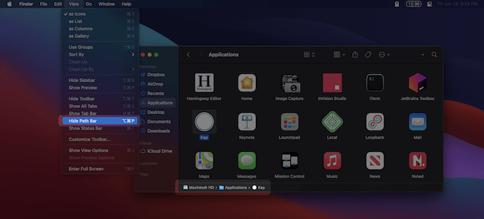 The Show Path Bar menu option.