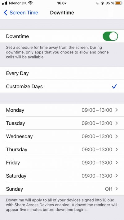 Screenshot showing customization settings for Downtime in Screen Time app