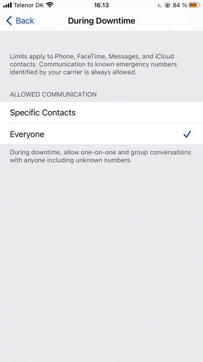 Screenshot showing contact options for Downtime