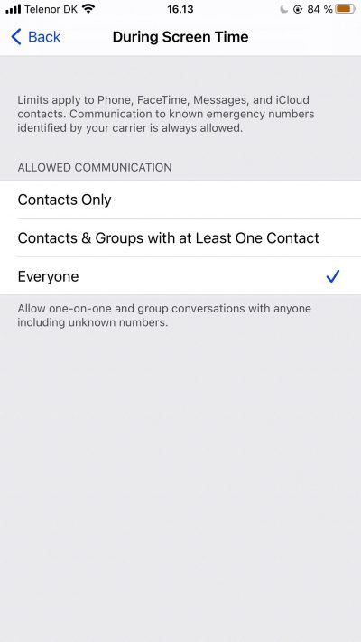 Screenshot showing options for contacts in Screen Time