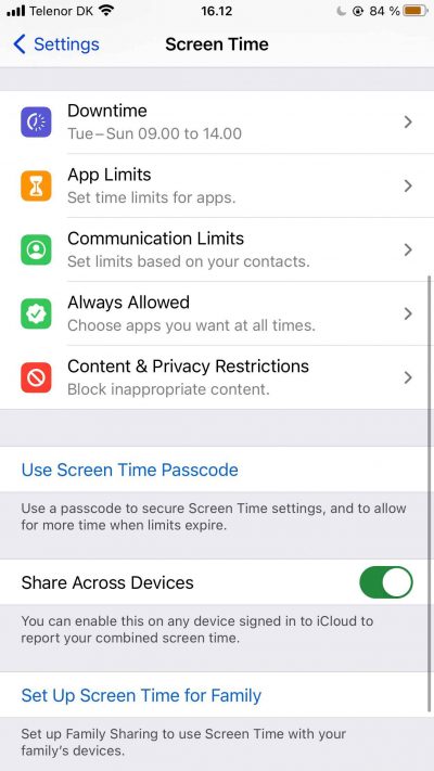 Screenshot showing the homepage for Screen Time on iPhone