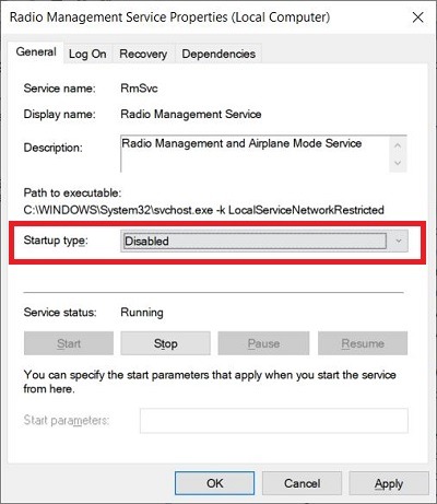 Startup Type Disabled