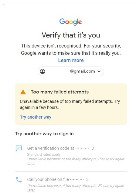 Gmail Too Many Attempts Failure Screen