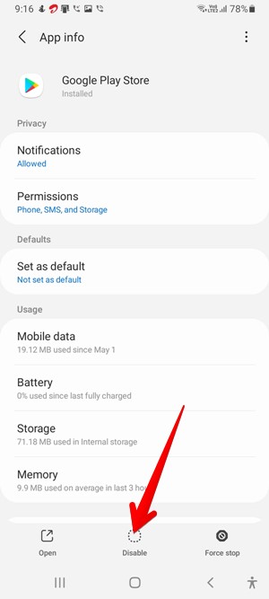 Google Play Store Disable App