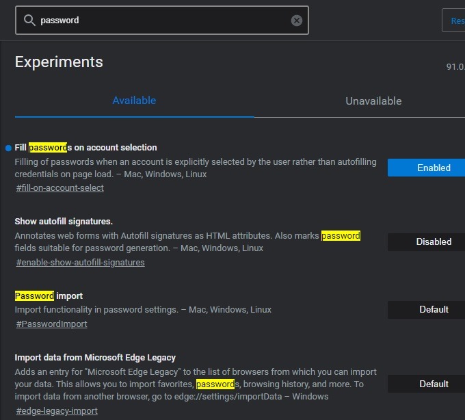 Import Export Edge Flags Search Password Import