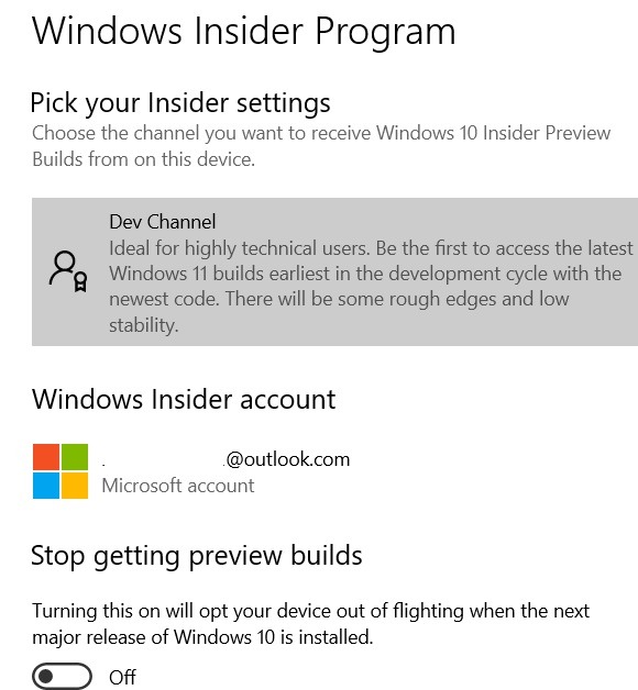Windows11 Dev Channel Insider Settings
