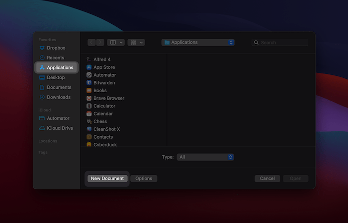 Choosing a new document in Automator.