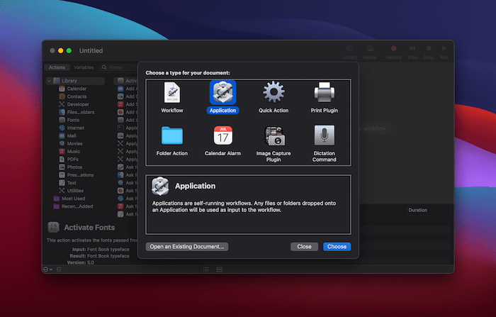 Choosing an application type.