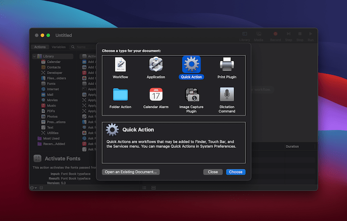 Choosing Quick Action in Automator.