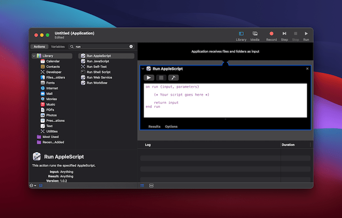 Entering a script into Automator.