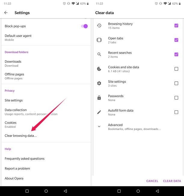 Clear Web Browsing History Android Opera Advanced Clear History