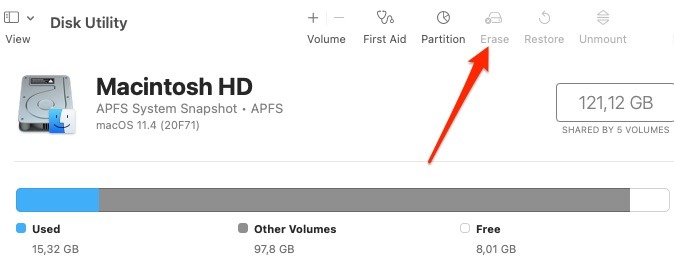Screenshot showing the option to erase in Disk Utility
