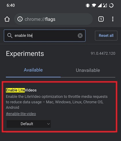 Enable Lite Videos Chrome Flags
