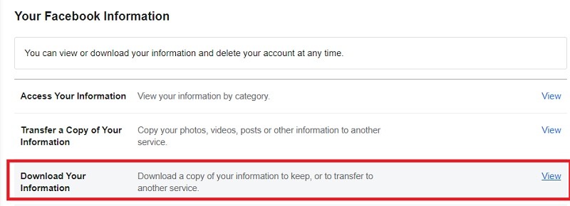 Selecting "View" next to "Download your information" on Facebook for PC.