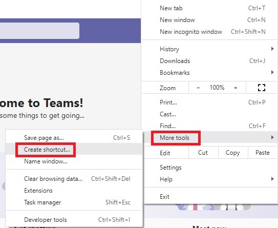 Adding a shortcut to Teams in the Chrome browser.
