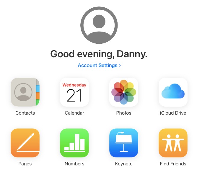 Screenshot showing the iCloud homepage