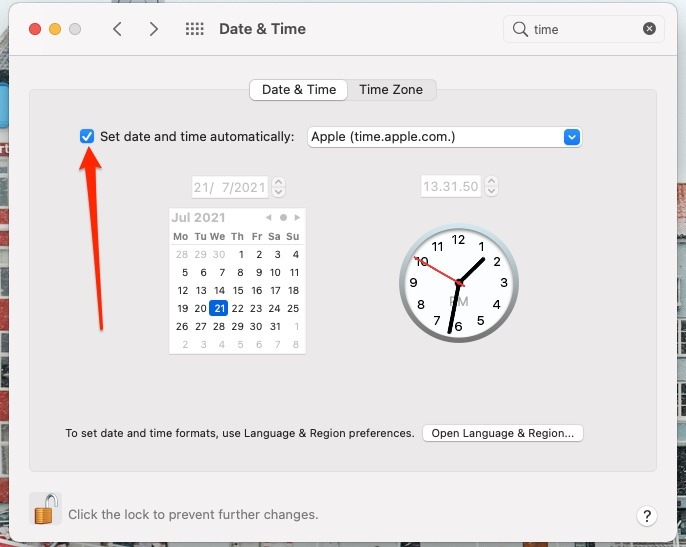 Screenshot showing the Date and Time app on Mac