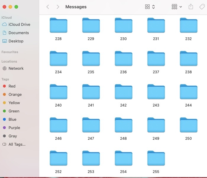 Screenshot of the Messages folder on a Mac