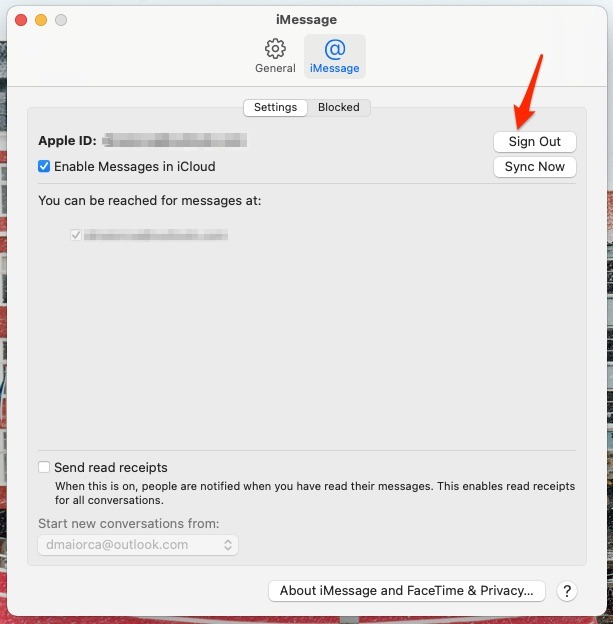 Screenshot showing the sign out option on Mac Messages app