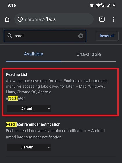 Reading List Chrome Flag