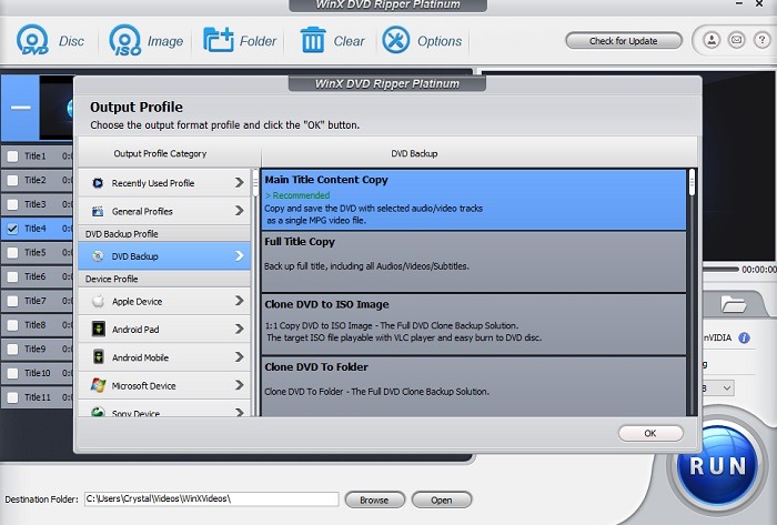 Choosing the DVD backup profiles.