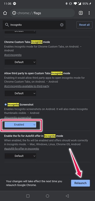 Take Screenshots Incognito Mode Android Chrome Relaunch Browser