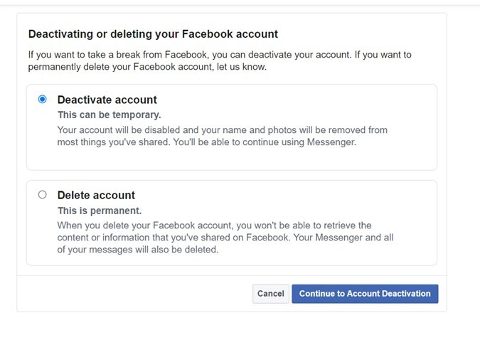 Facebook Account Delete Or Deactivate Confirm