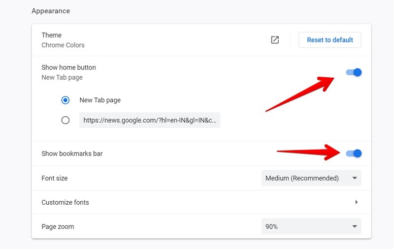 Google Chrome Show Bookmarks Bar And Home Button