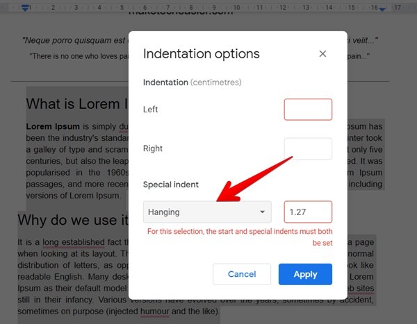 Google Docs Hanging Indent Options