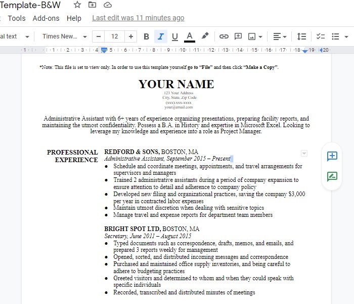 Google Docs Template Resume Harvard Bw