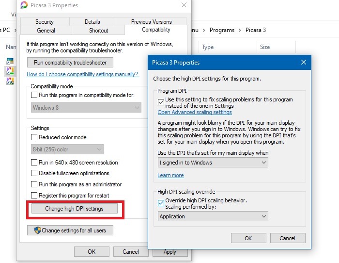 Program Compatibility Troubleshooter Change High Dpi Settings
