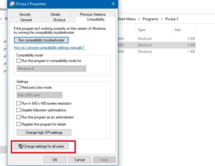 Program Compatibility Troubleshooter Change Settings All Users