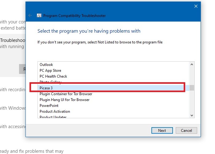 Program Compatibility Troubleshooter Select Old Program