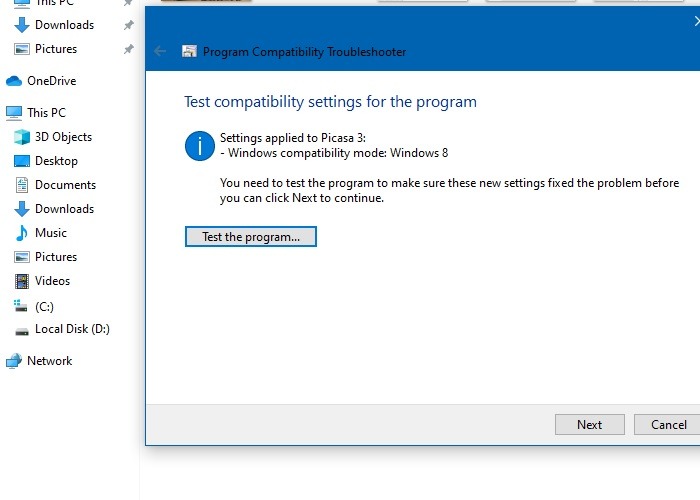 Program Compatibility Troubleshooter Test Compatibility Settings