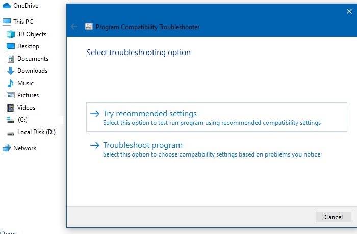 Program Compatibility Troubleshooter Try Recommended Settings