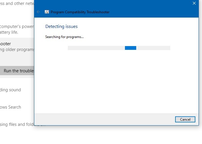 Program Compatibility Troubleshooter Windows10 Searching Programs