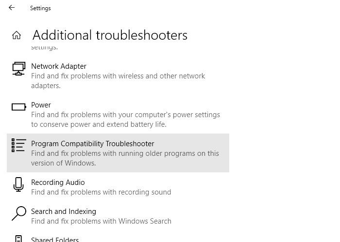 Program Compatibility Troubleshooter Windows10 Select