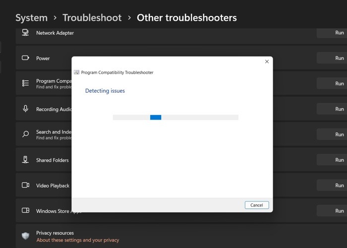Program Compatibility Troubleshooter Windows11 Detecting Issues
