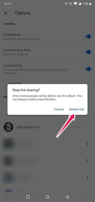 Disable Link Sharing Google Photos Android Delete Link