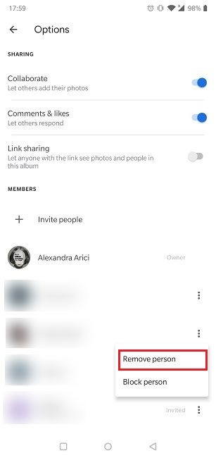 Disable Link Sharing Google Photos Android Remove Person